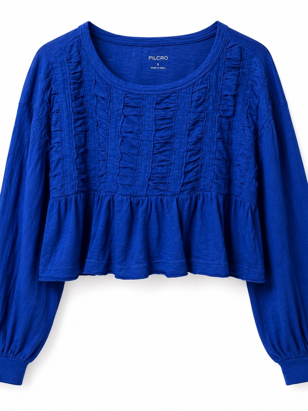 Pilcro Bold Blue Ruffle-Front Peplum Long-Sleeve Crop Top